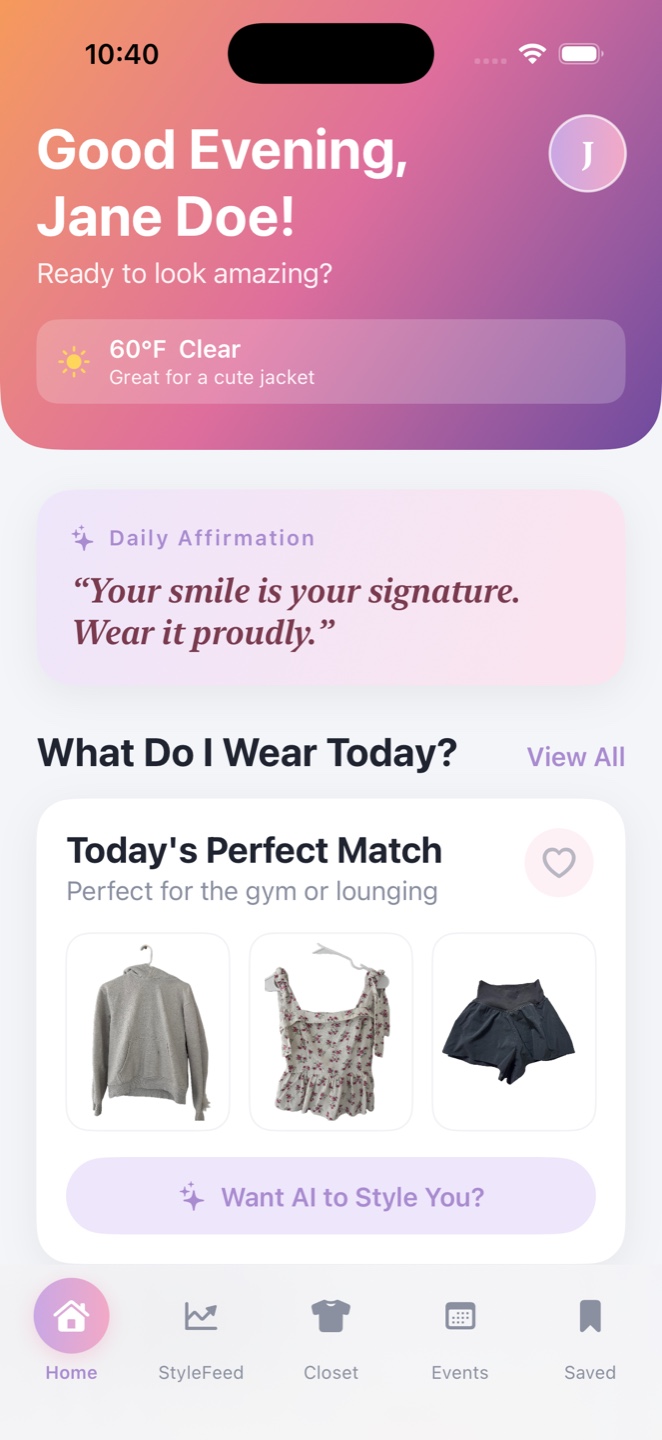 BeautifAI home screen with today's outfit match