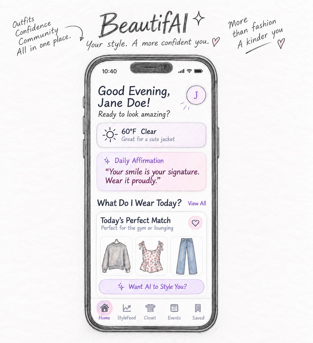 Hand-drawn sketch of the BeautifAI home screen: greeting, weather, daily affirmation, and today's outfit match